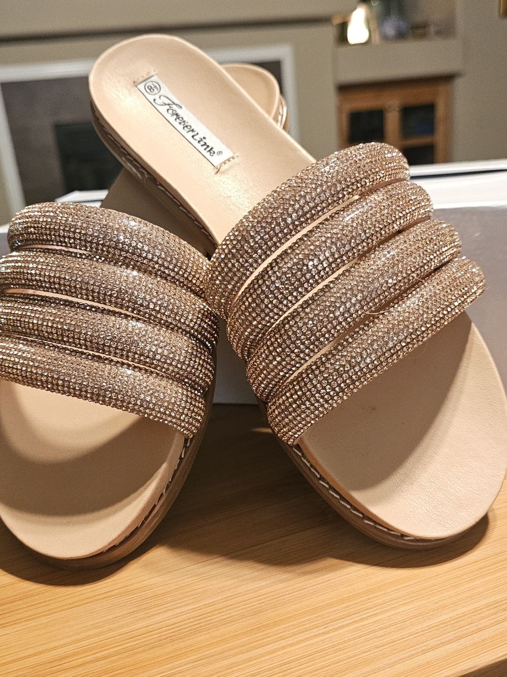 Forever Link Women's Champagne Rhinestone Slide Sandals